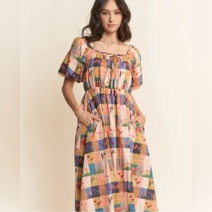 Smocked Floral Patchwork Puff-Sleeve Dress